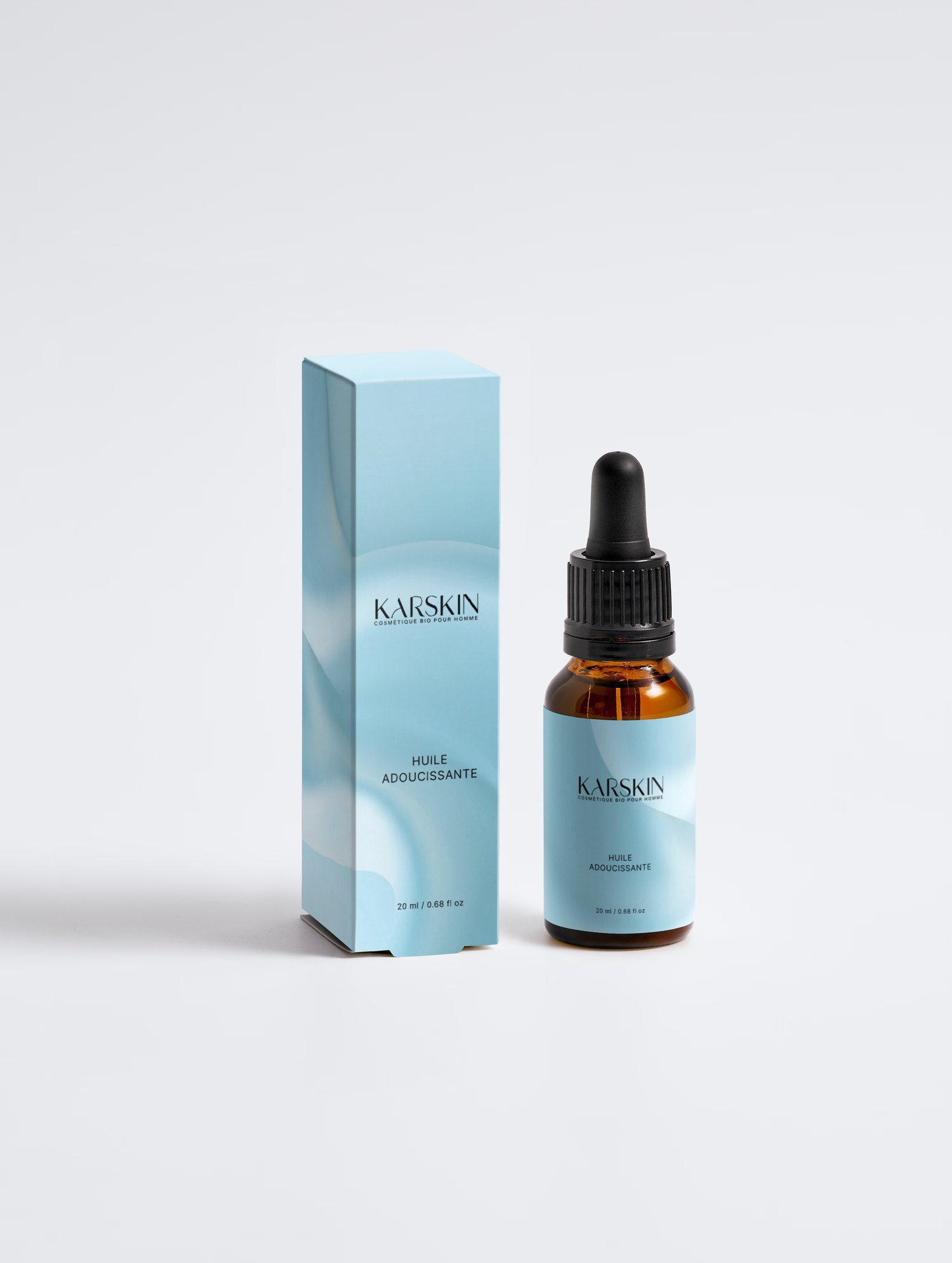 Huile adoucissante Karskin, 20 ml, flacon compte-gouttes, habillage bleu ciel