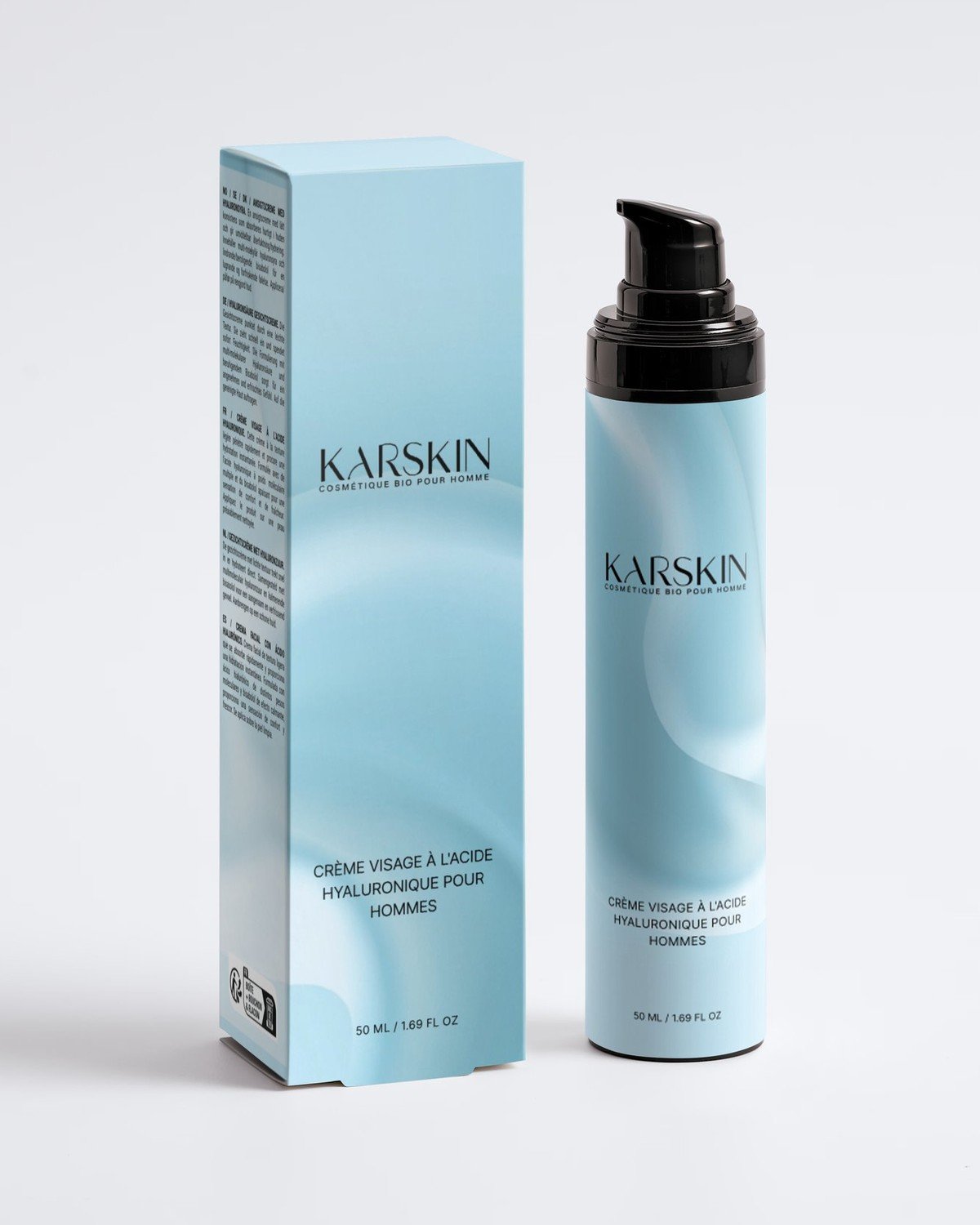 Crème visage à l’acide hyaluronique pour hommes Karskin, 50 ml, avec son étui, habillage bleu ciel