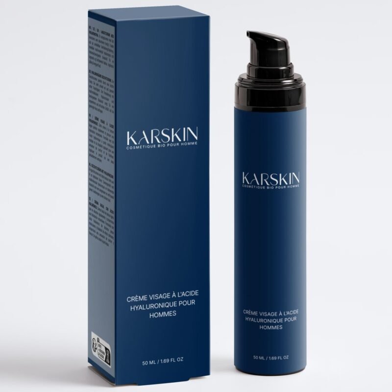 Crème visage à l’acide hyaluronique pour hommes Karskin, 50 ml, avec son étui, habillage bleu marine
